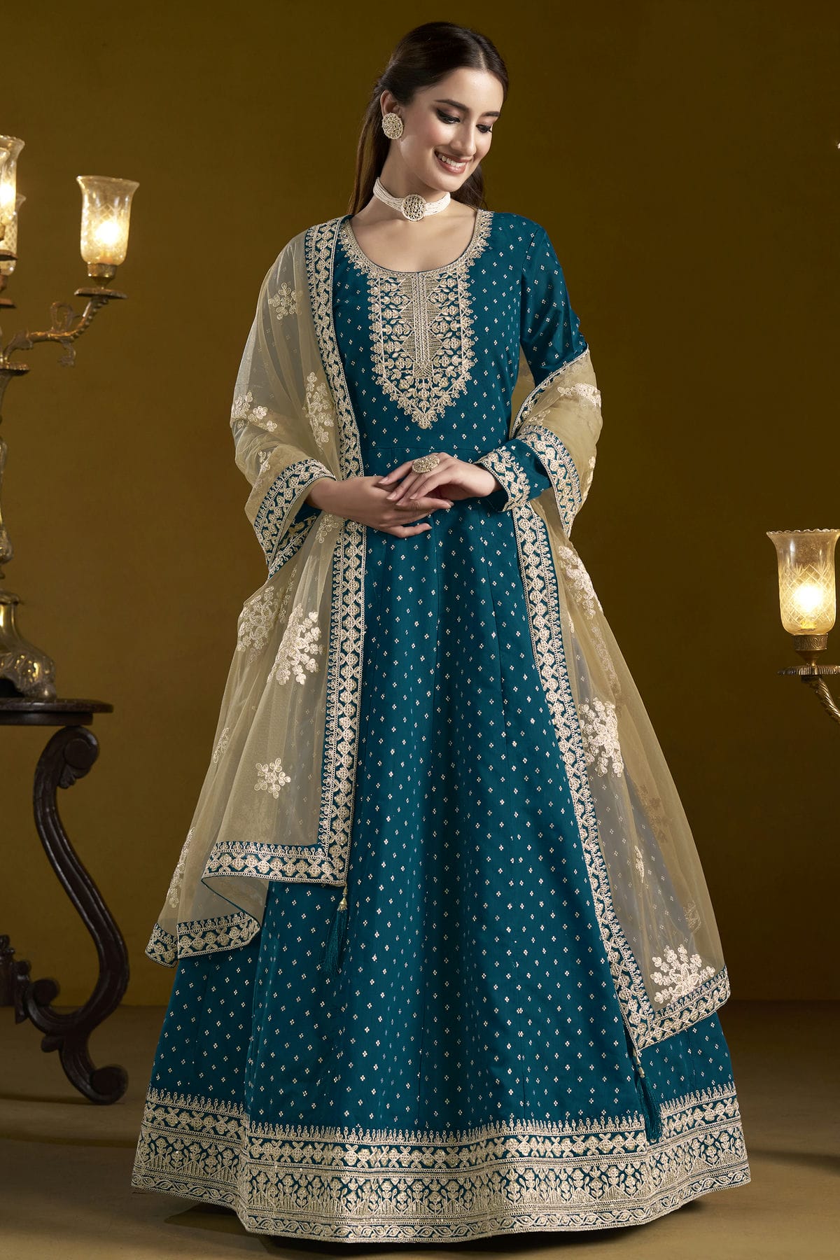 Teal Colour Chanderi Butti Semi Stitched Anarkali Suit VSSM1050651