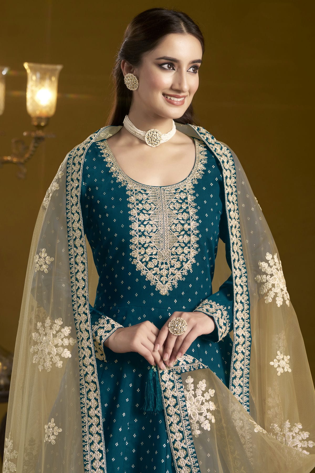 Teal Colour Chanderi Butti Semi Stitched Anarkali Suit VSSM1050651