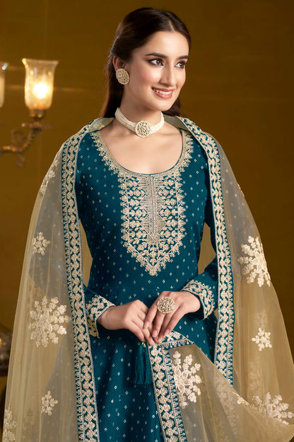 Teal Colour Chanderi Butti Semi Stitched Anarkali Suit VSSM1050651