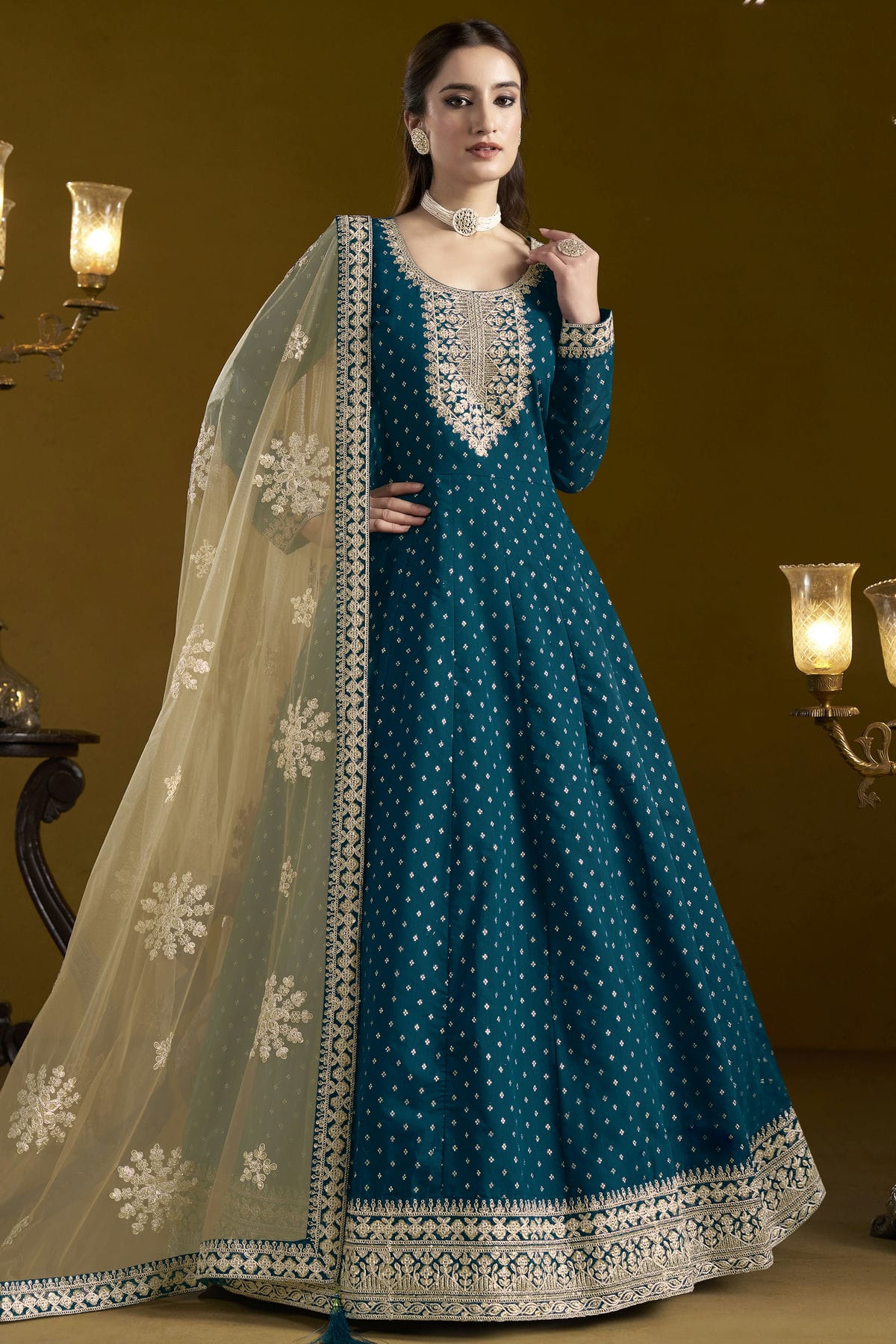 Teal Colour Chanderi Butti Semi Stitched Anarkali Suit