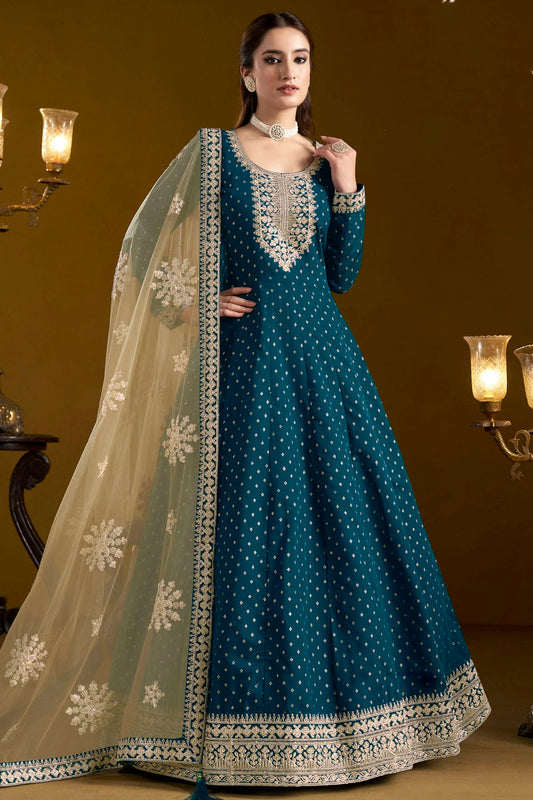 Teal Colour Chanderi Butti Semi Stitched Anarkali Suit