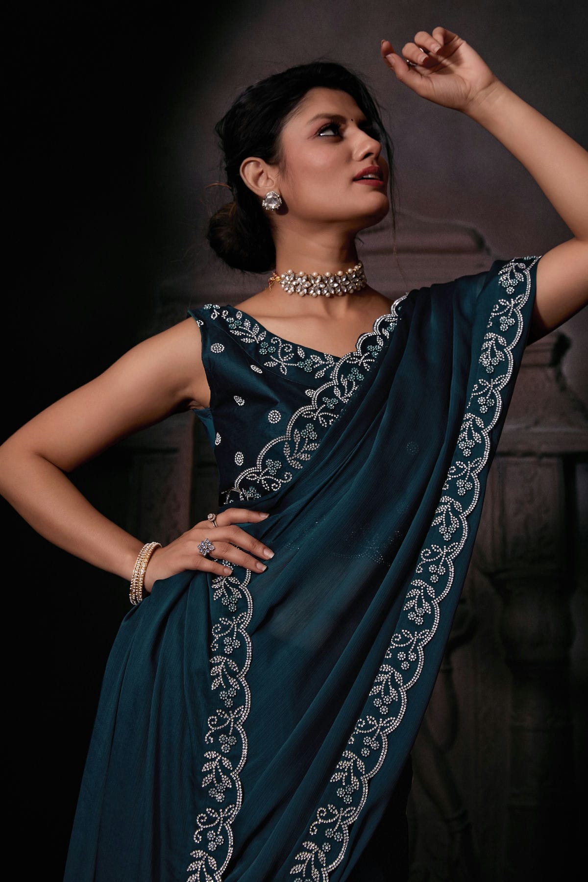 Teal Colour Chiffon Designer Saree