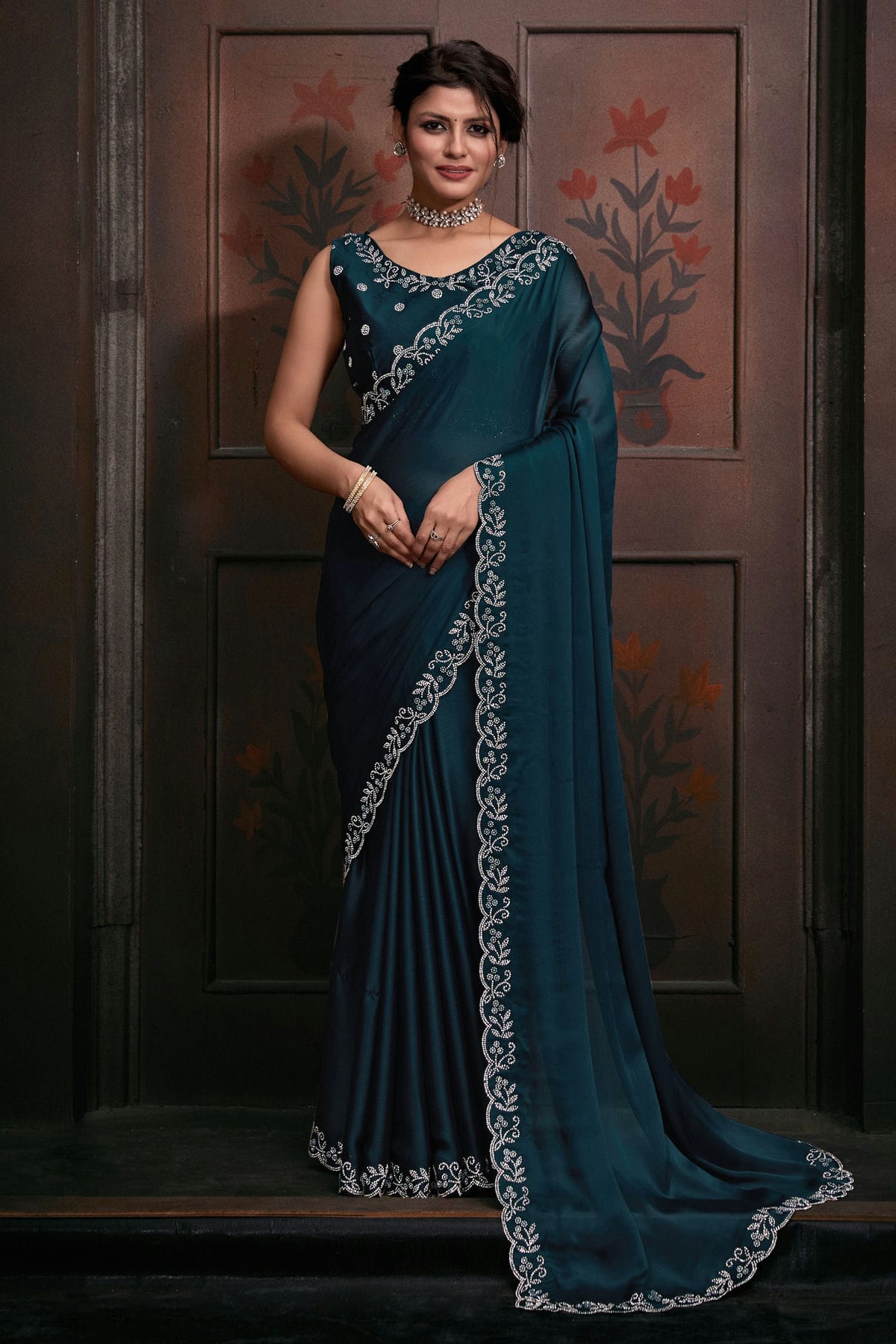 Teal Colour Chiffon Designer Saree