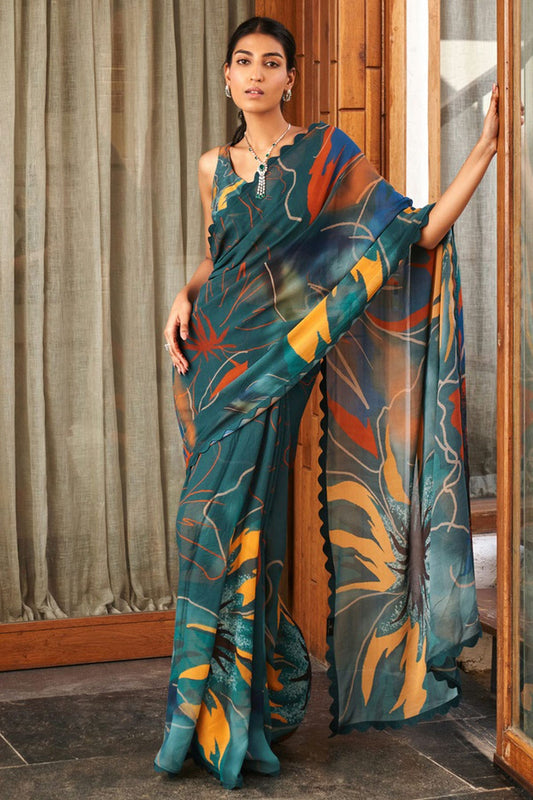 Teal Colour Chiffon Printed Saree