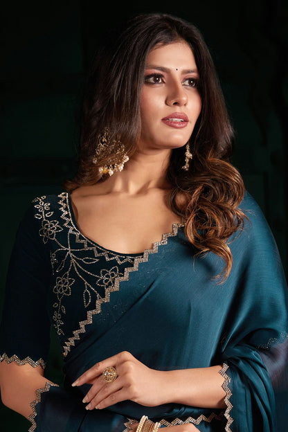 Teal Colour Chiffon Silk Designer Saree