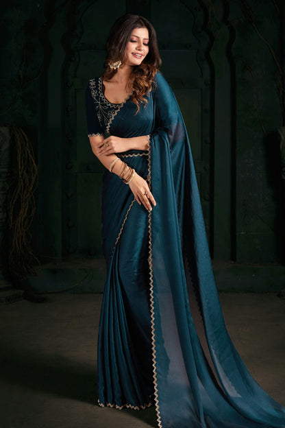 Teal Colour Chiffon Silk Designer Saree