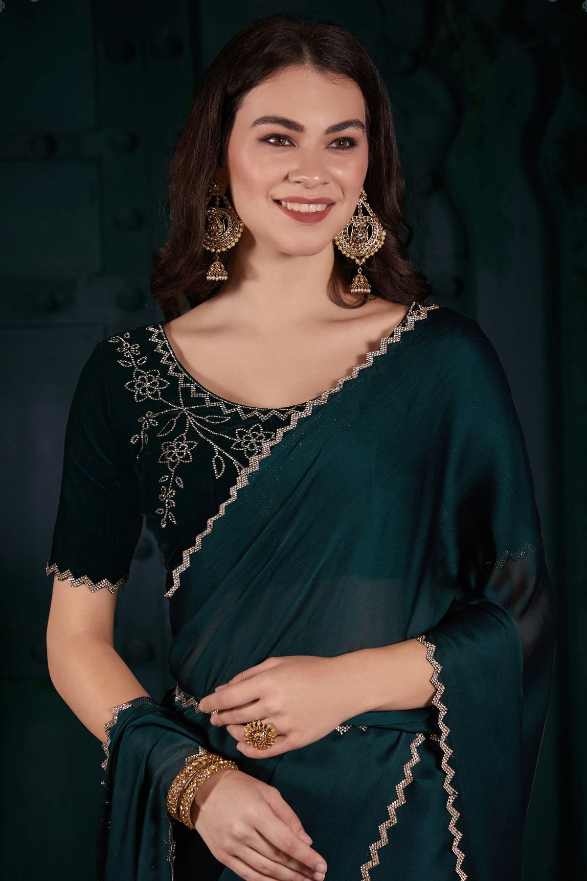 Teal Colour Chiffon Silk Designer Saree