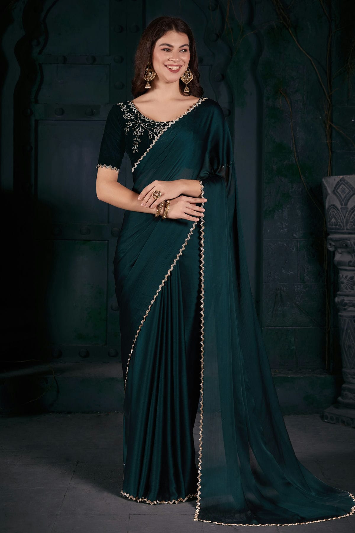 Teal Colour Chiffon Silk Designer Saree