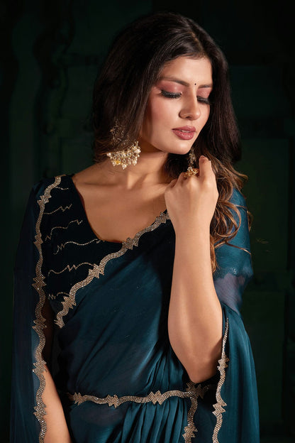 Teal Colour Chiffon Silk Designer Saree