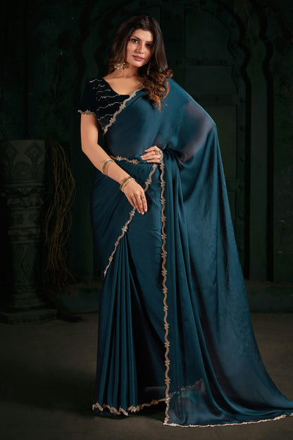 Teal Colour Chiffon Silk Designer Saree