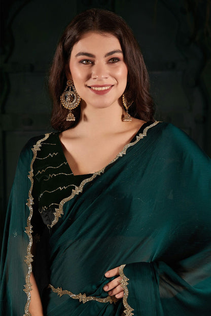 Teal Colour Chiffon Silk Designer Saree