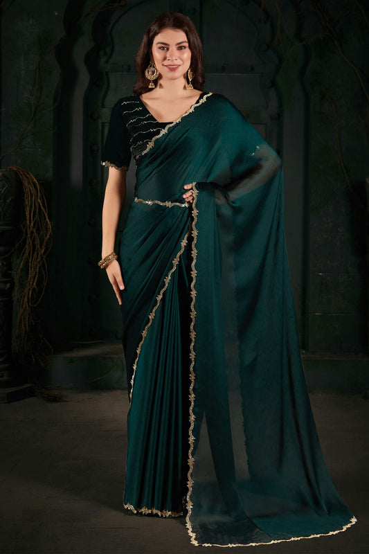 Teal Colour Chiffon Silk Designer Saree