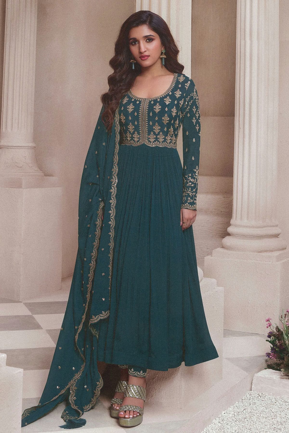 Teal Colour Chinon Anarkali Suit