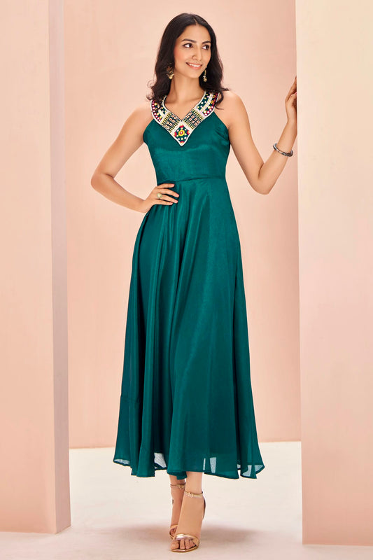 Teal Colour Chinon Indo Western Dress