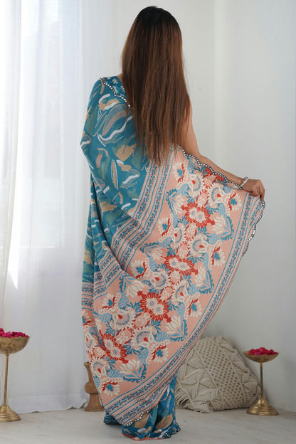 Teal Colour Chinon Printed Saree