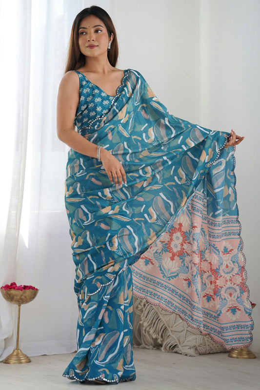 Teal Colour Chinon Printed Saree