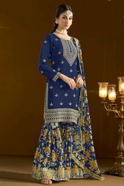 Teal Colour Chinon Semi Stitched Sharara Suit VSSM1050655