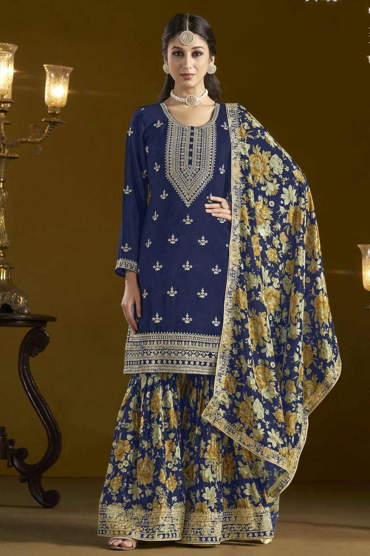 Teal Colour Chinon Semi Stitched Sharara Suit