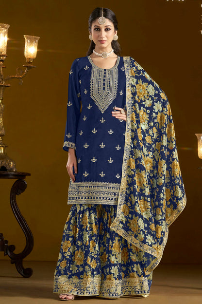 Teal Colour Chinon Semi Stitched Sharara Suit