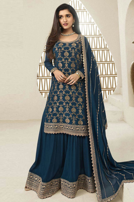 Teal Colour Chinon Sharara Suit