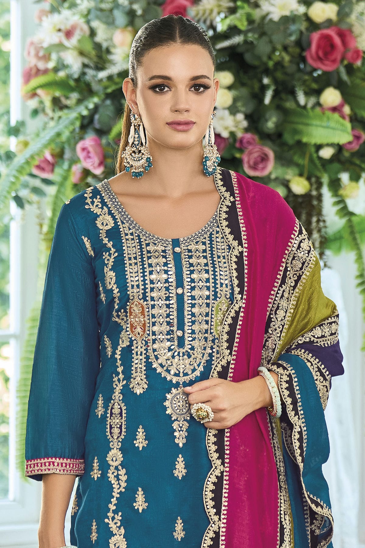 Teal Colour Chinon Silk Pakistani Suit VSSM1140593