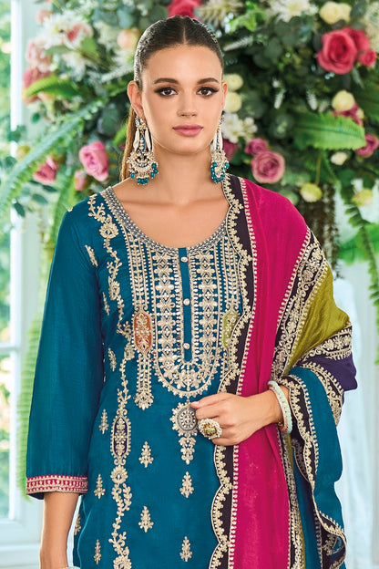 Teal Colour Chinon Silk Pakistani Suit VSSM1140593