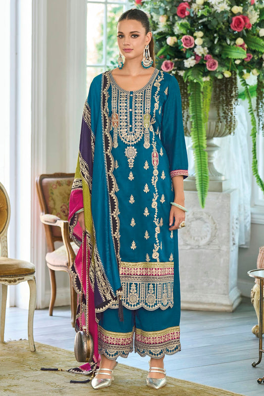 Teal Colour Chinon Silk Pakistani Suit