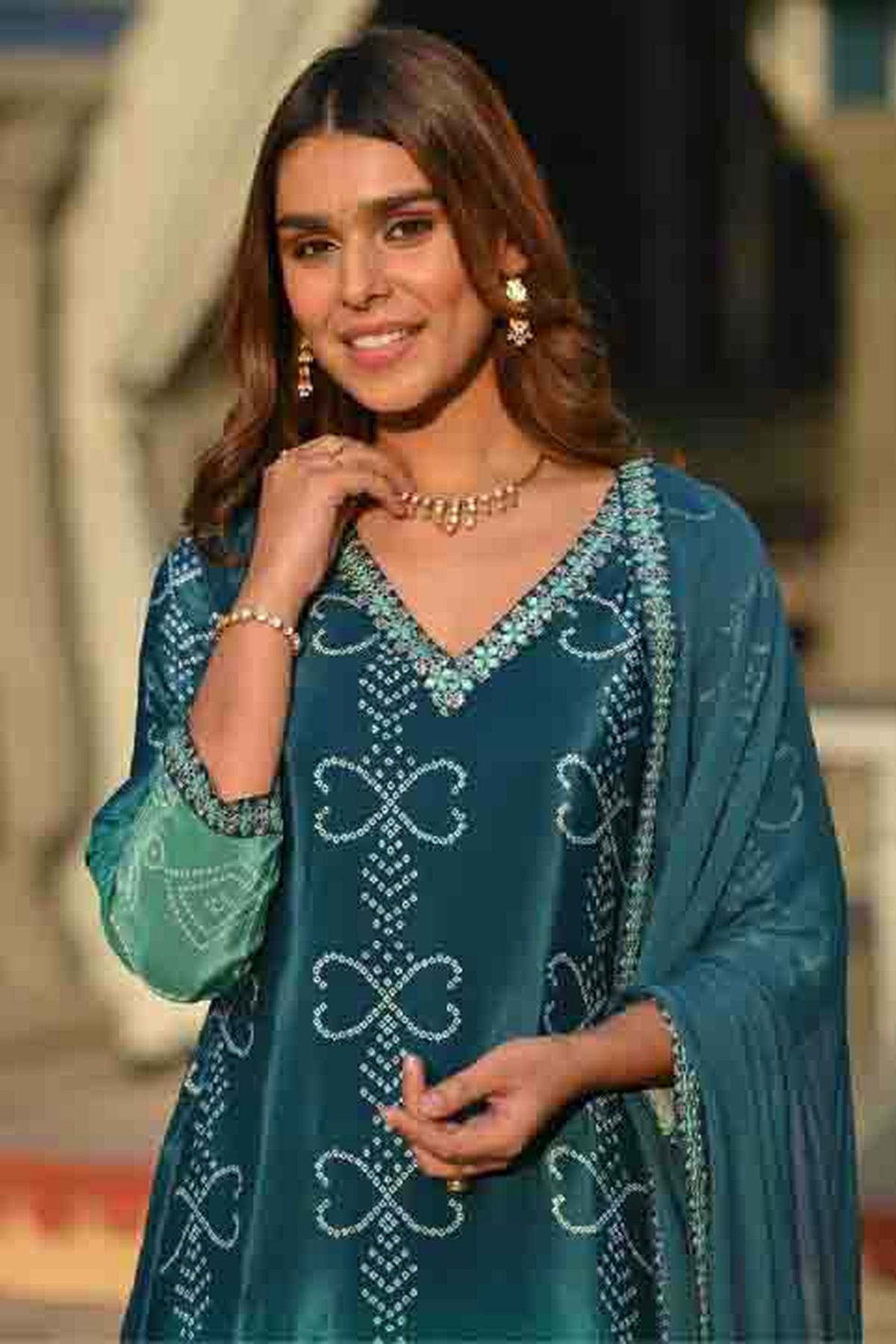 Teal Colour Chinon Silk Stitched Pant Style Suit VSSS1140746