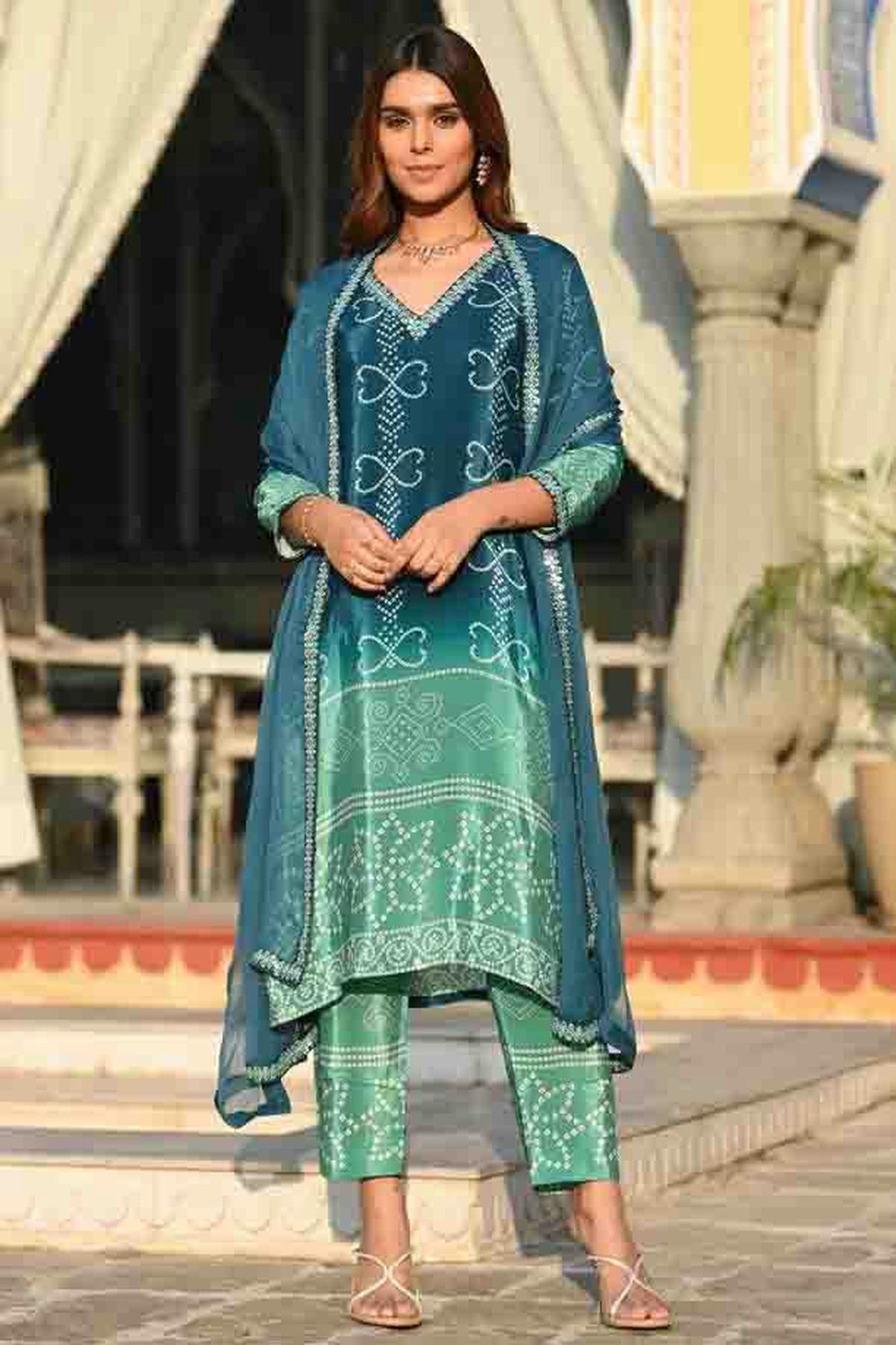 Teal Colour Chinon Silk Stitched Pant Style Suit VSSS1140746