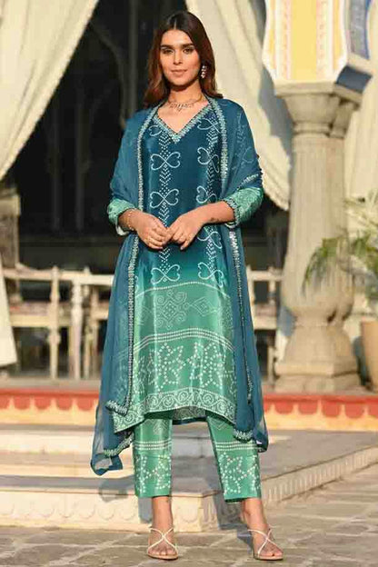 Teal Colour Chinon Silk Stitched Pant Style Suit VSSS1140746