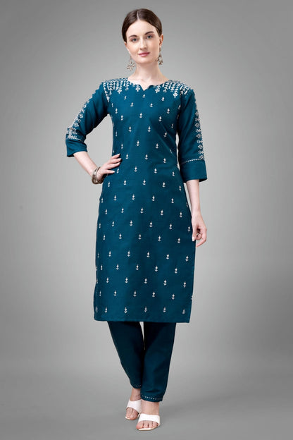 Teal Colour Cotton Blend Kurta And Pant Set