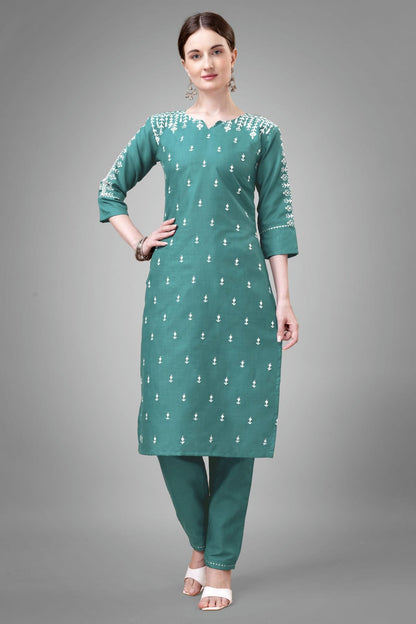 Teal Colour Cotton Blend Kurta And Pant Set