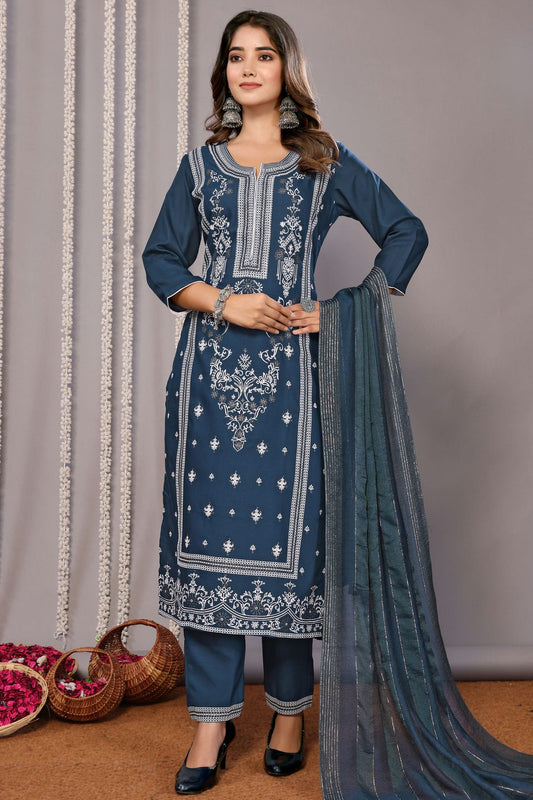 Teal Colour Cotton Blend Stitched Suit