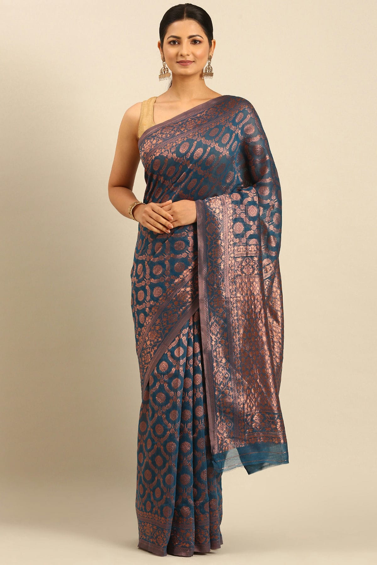 Teal Colour Cotton Traditional Saree