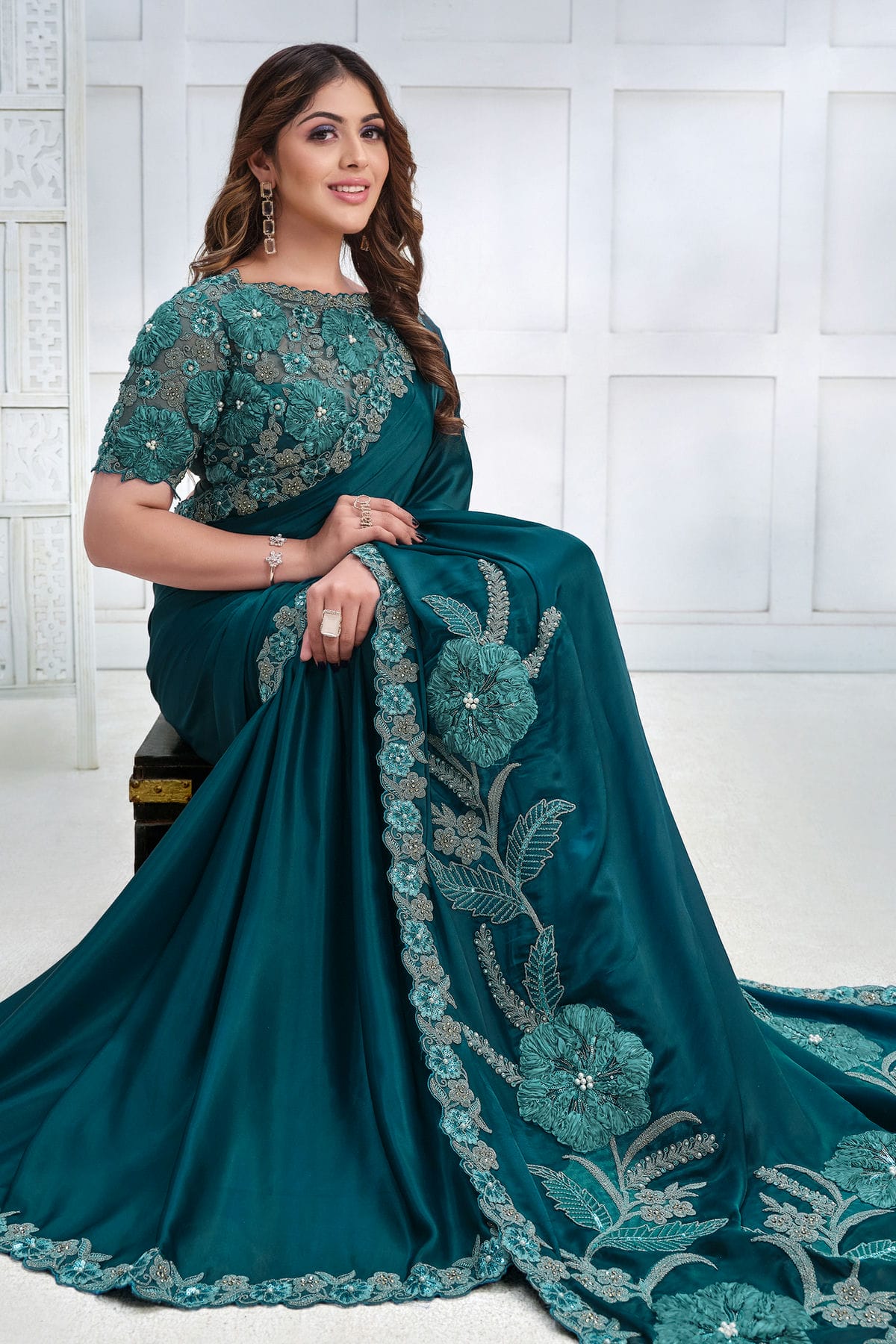 Teal Colour Crepe Satin Silk Designer Saree