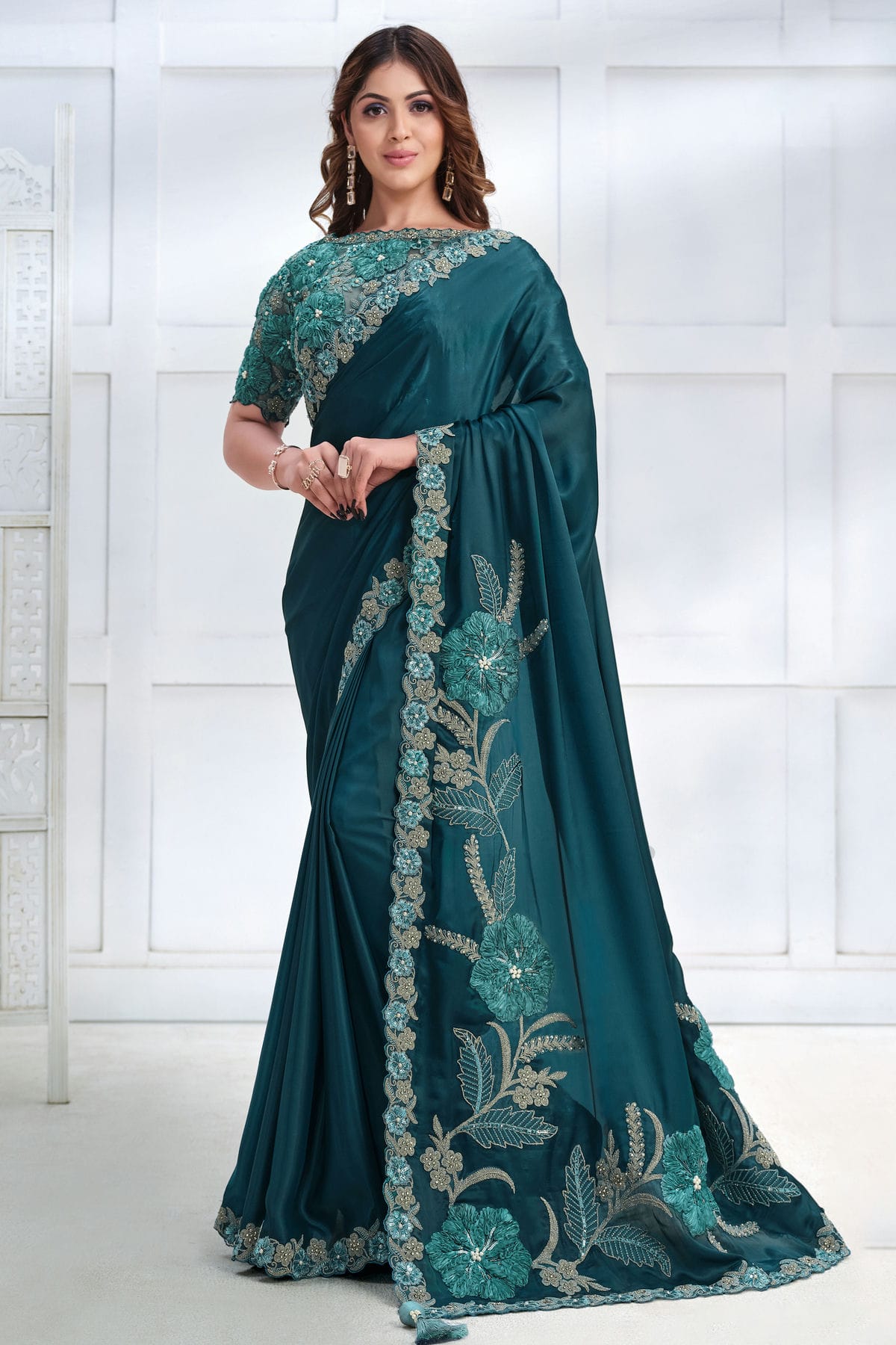 Teal Colour Crepe Satin Silk Designer Saree