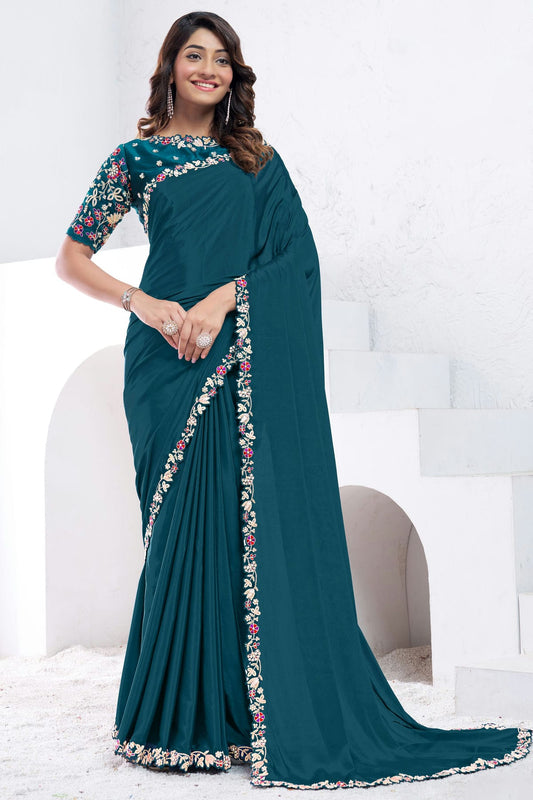 Teal Colour Crepe Silk Designer Saree