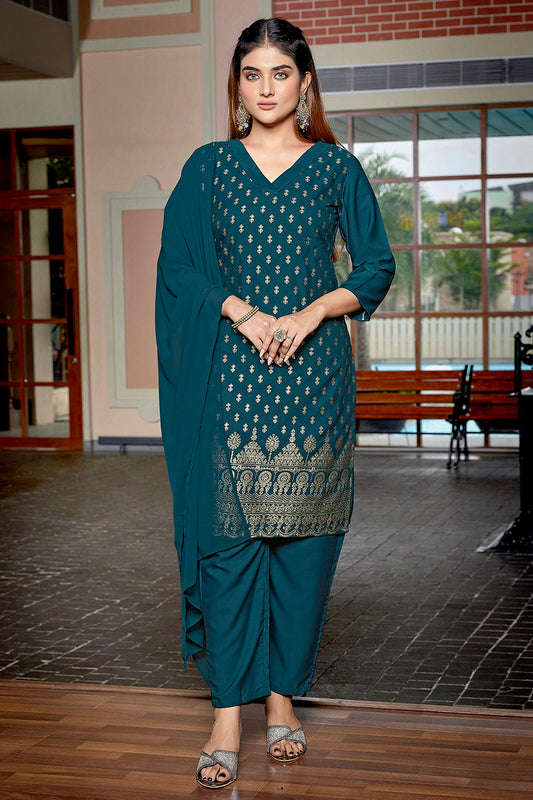 Teal Colour Crepe Stitched Suit