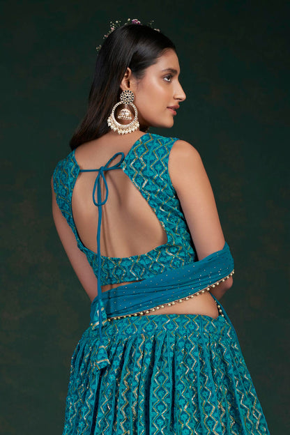 Teal Colour Embroidery Georgette Lehenga Choli