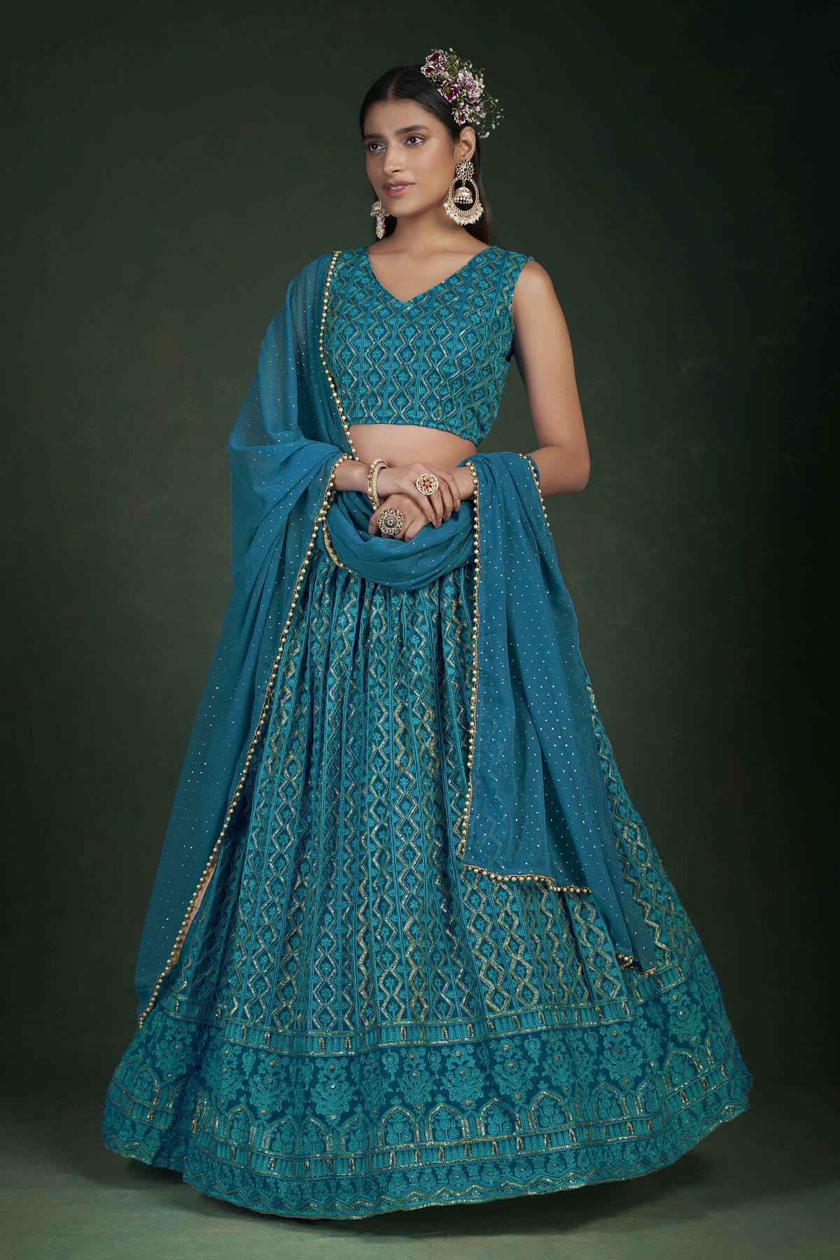 Teal Colour Embroidery Georgette Lehenga Choli