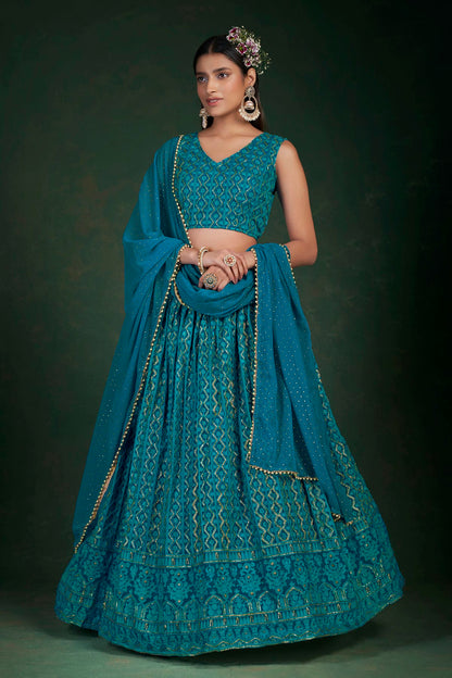 Teal Colour Embroidery Georgette Lehenga Choli