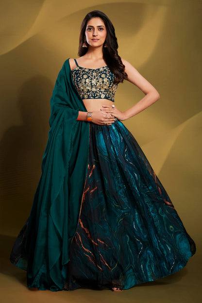 Teal Colour Embroidery Organza Lehenga Choli