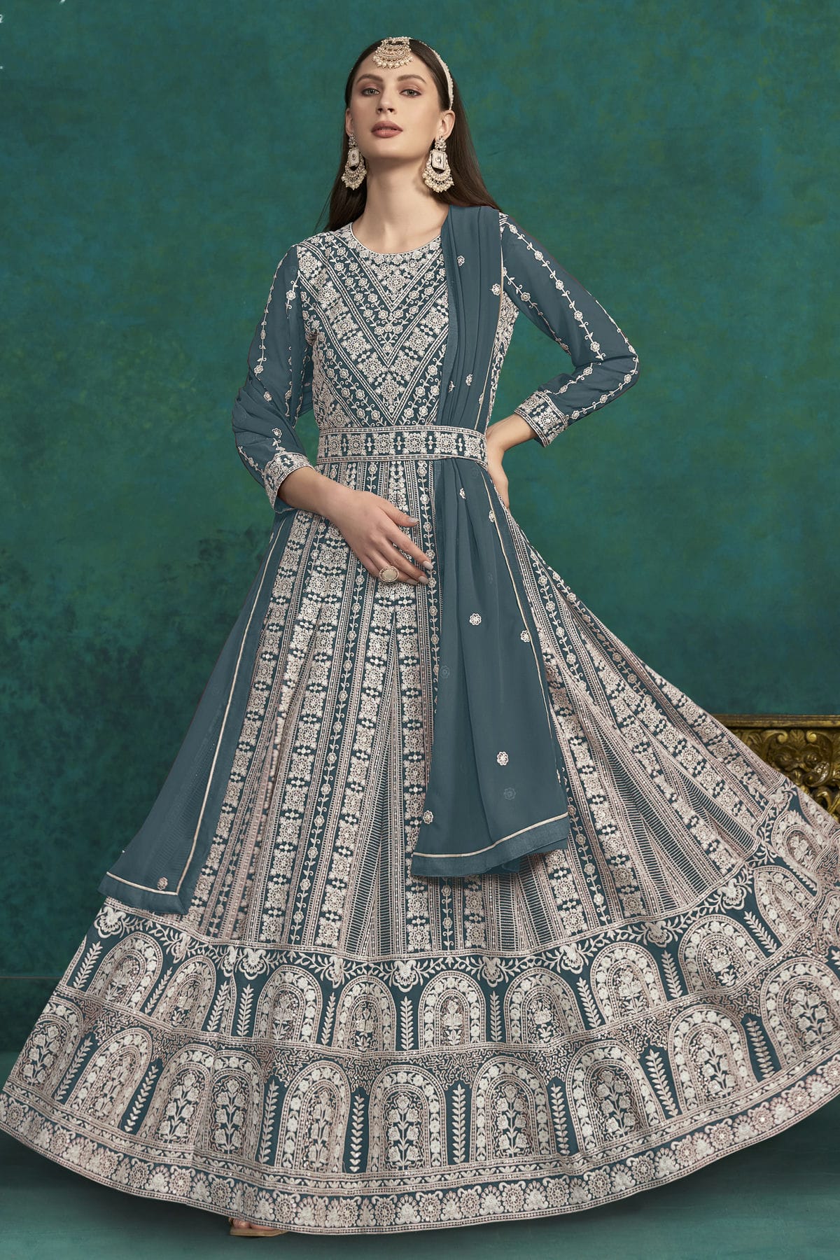 Teal Colour Faux Georgette Anarkali Suit