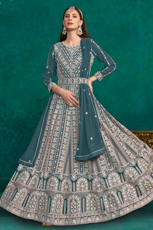 Teal Colour Faux Georgette Anarkali Suit