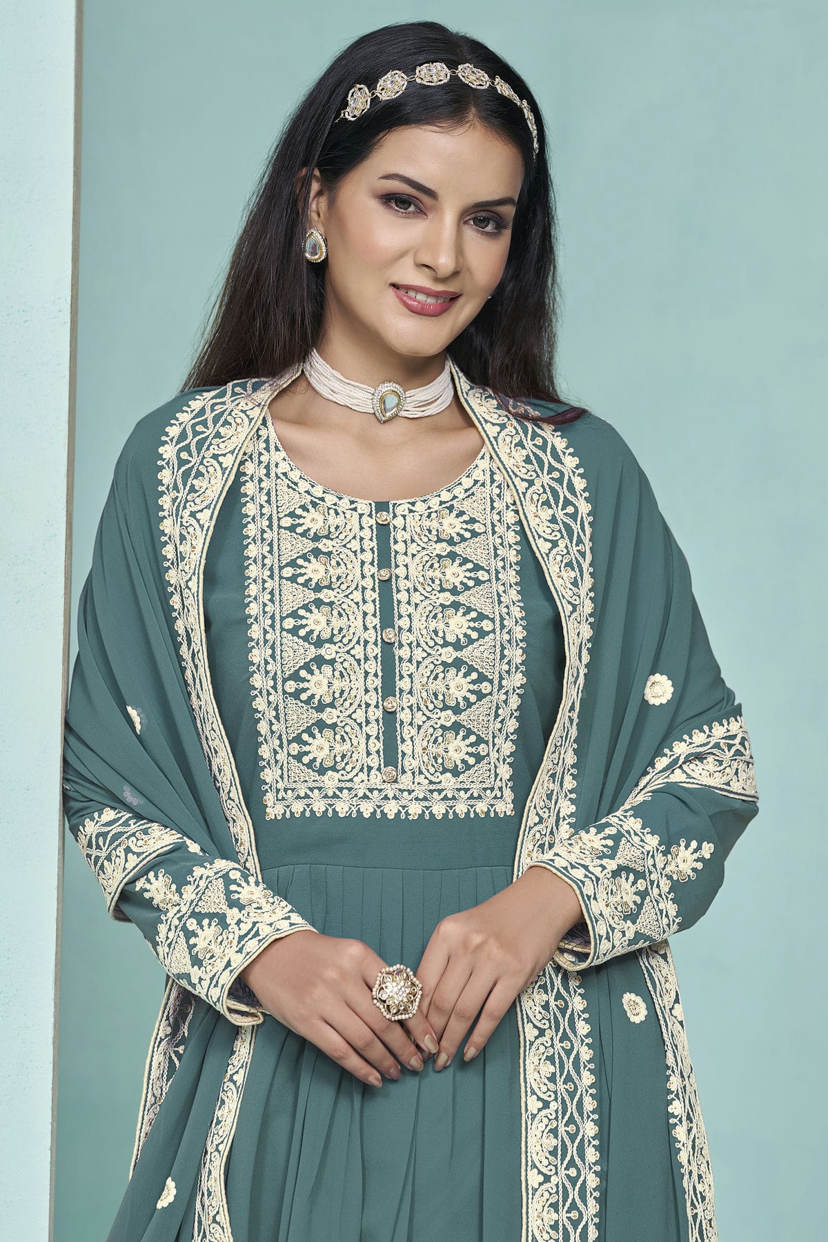 Teal Colour Faux Georgette Palazzo Pant Suit VSSM1050562