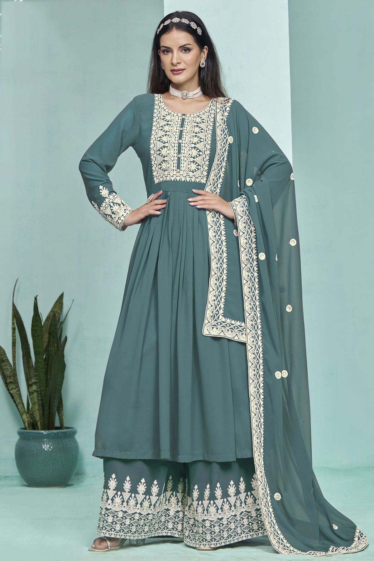 Teal Colour Faux Georgette Palazzo Pant Suit