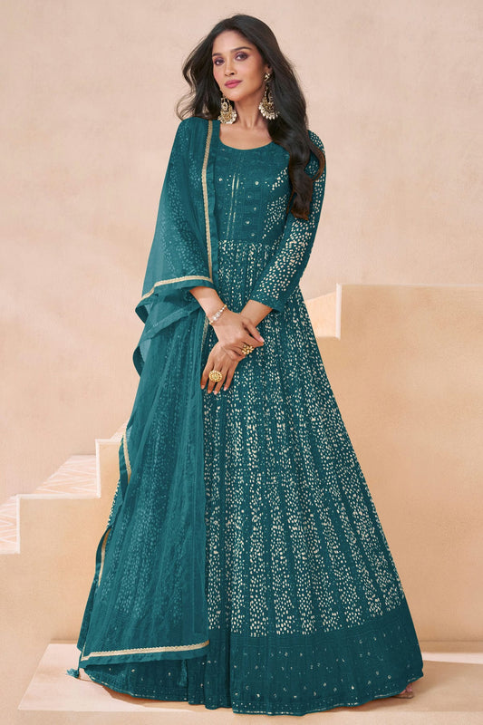 Teal Colour Faux Georgette Semi Stitched Anarkali Suit