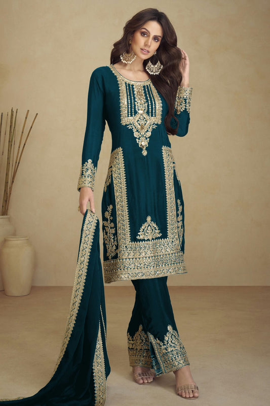 Teal Colour Faux Georgette Semi Stitched Pant Style Suit