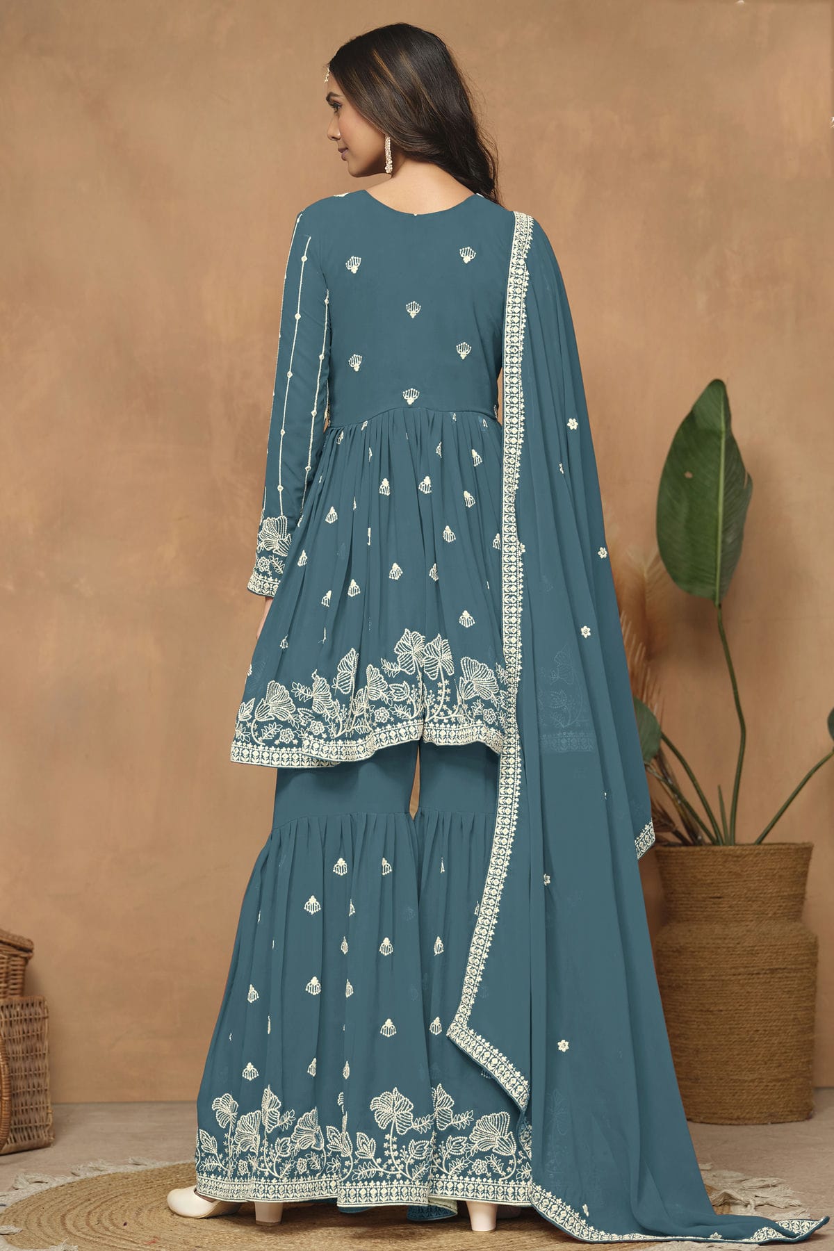 Teal Colour Faux Georgette Sharara Suit