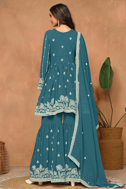 Teal Colour Faux Georgette Sharara Suit